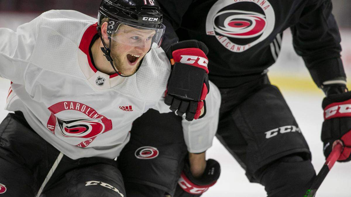 Carolina Hurricanes’ forward Steven Lorentz (78) battles in practice on Saturday, May 29, 2021 at PNC Arena in Raleigh, N.C.