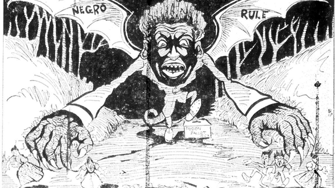 A News & Observer cartoon from Sept. 27, 1898, is included in an Alamance County voter's legal motion to dismiss a charge of voting illegally.