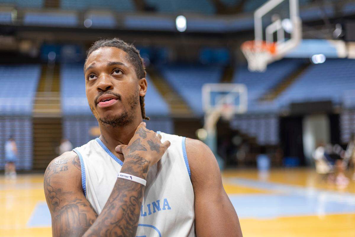 North Carolina’s Armando Bacot (5) takes questions from the media prior to the Tar Heels’ practice on Friday, October 6, 2023 at the Dean Smith Center in Chapel Hill, N.C.