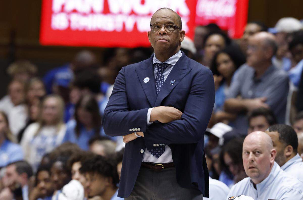 North Carolina head coach Hubert Davis watches during the second half of Duke’s 76-61 victory over UNC on March 7, 2026, at Cameron Indoor Stadium in Durham.
