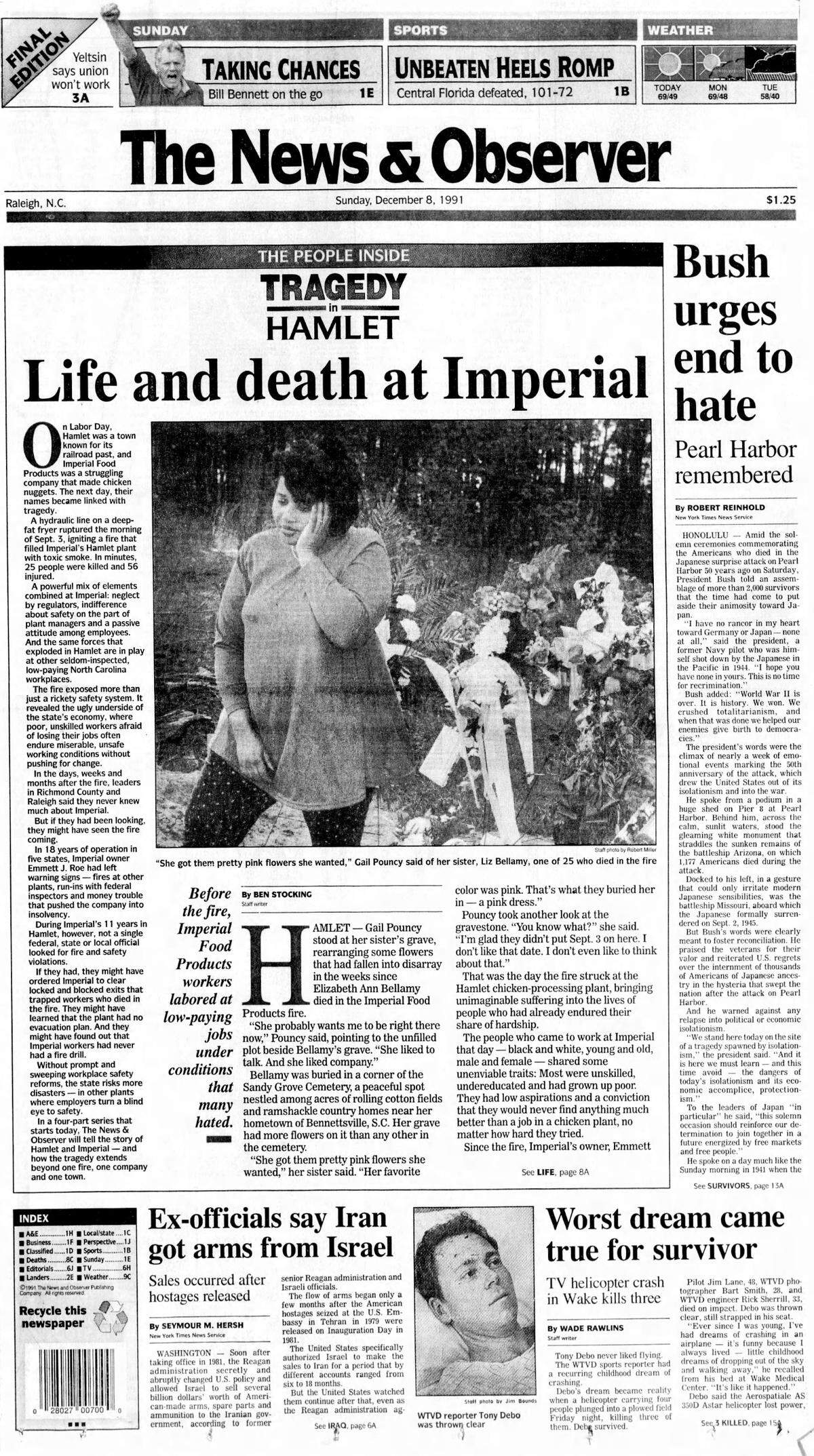 The front page of the News & Observer on December 8, 1991.