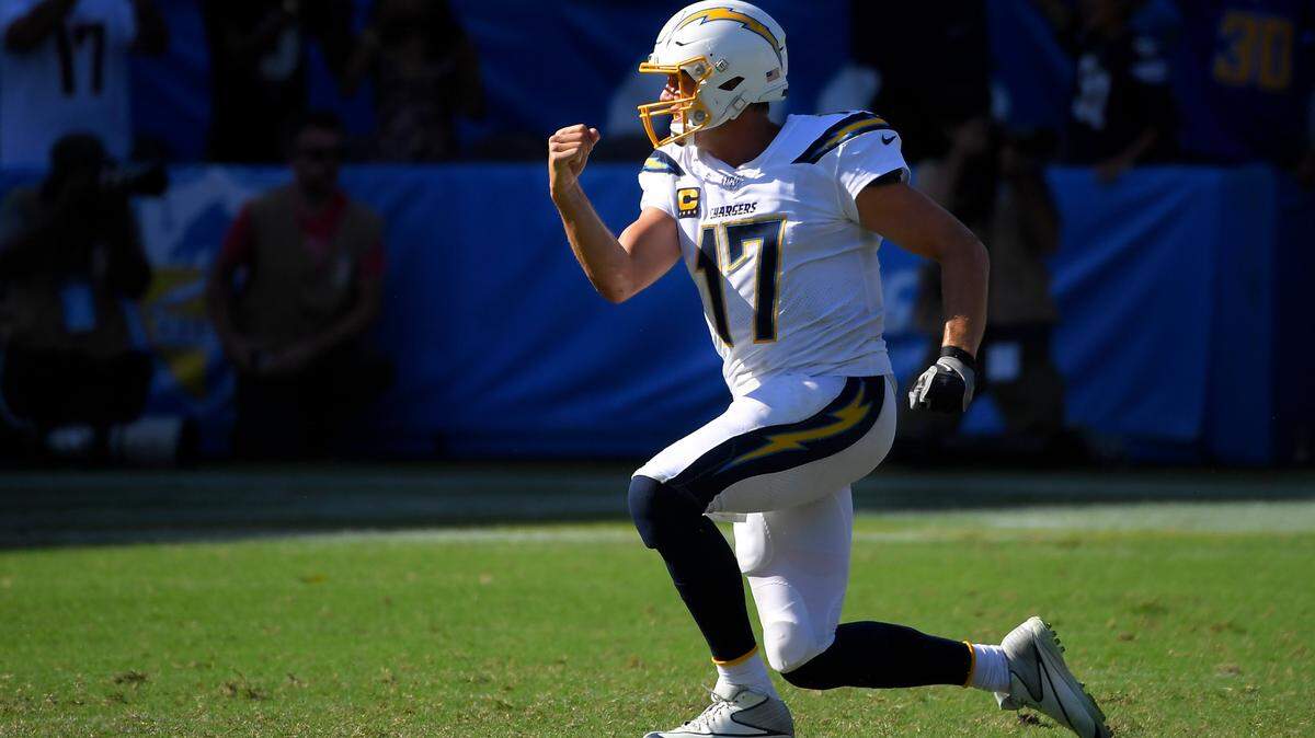 Los Angeles Chargers quarterback Philip Rivers celebrates after their overtime win against the Indianapolis Colts in an NFL football game Sunday, Sept. 8, 2019, in Carson, Calif.