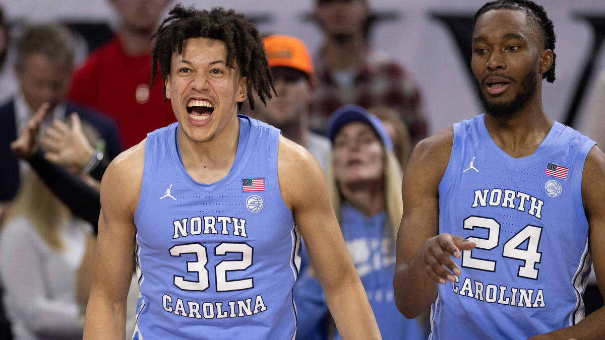 North Carolina’s James Okonkwo (32) celebrates as the Tar Heels open a 17 point lead late in the second half against N.C. State on Wednesday, January 10, 2024 at PNC Arena in Raleigh, N.C. North Carolina rolled to a 67-54 victory.