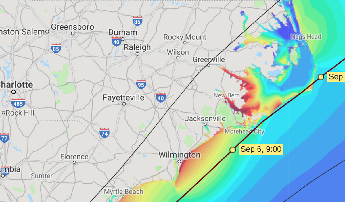 A screenshot of the storm surge forecast from CERA Hurricane Dorian on the morning Wednesday, Sept. 5.