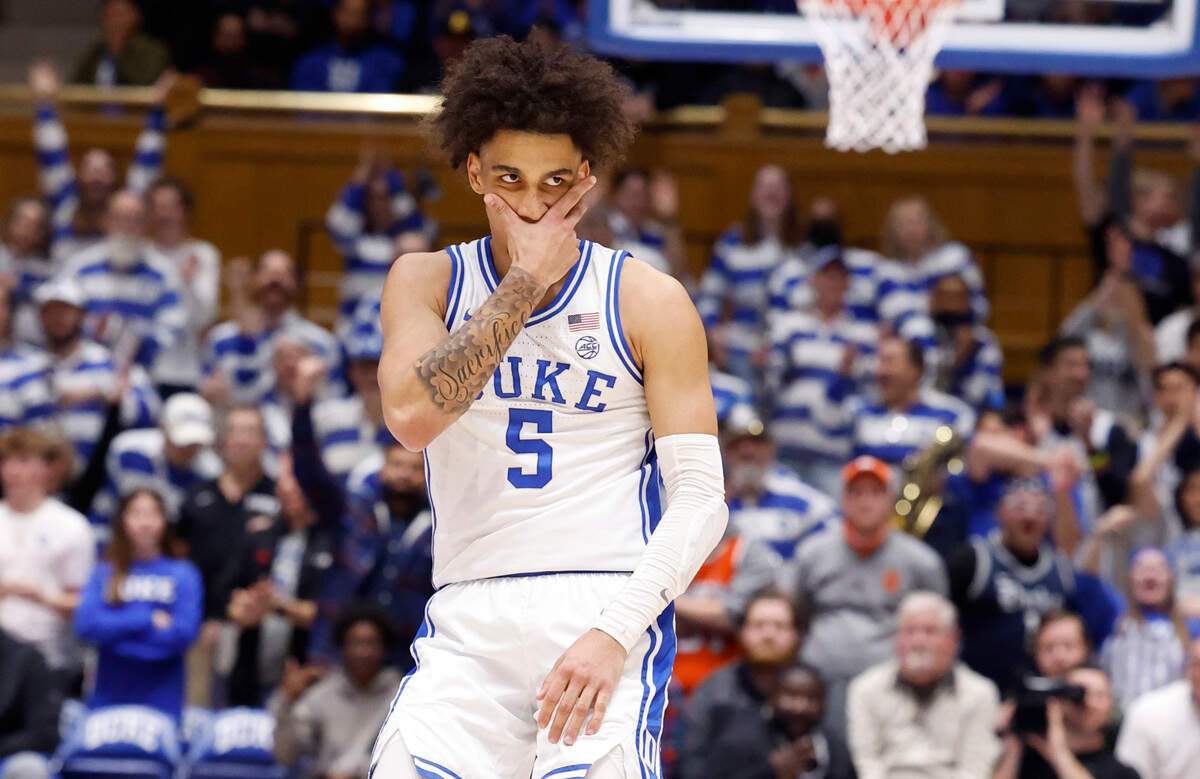 Duke’s Tyrese Proctor (5) celebrates after hitting a shot in the final minute of Duke’s 86-66 victory over Syracuse at Cameron Indoor Stadium in Durham, N.C., Tuesday, Jan. 2, 2024.