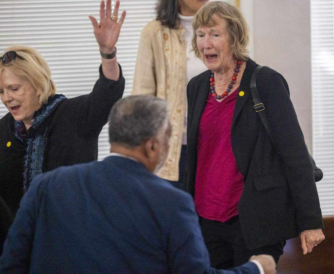 Demonstrators chant as they are removed from the gallery of the N.C. House as they loudly denounce Senate Bill 249, a bill to realign the North Carolina Congressional districts, on Wednesday, October 22, 2025 at the General Assembly in Raleigh, N.C. 