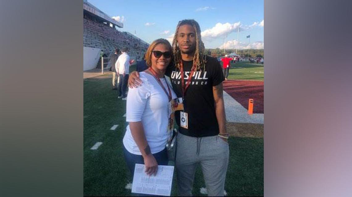 Devin Butts poses with his mother, Latashia Butts, at N.C. Central’s O’Kelly-Riddick Stadium. Butts, who played basketball at NCCU, died on May 5, 2023, at age 22.