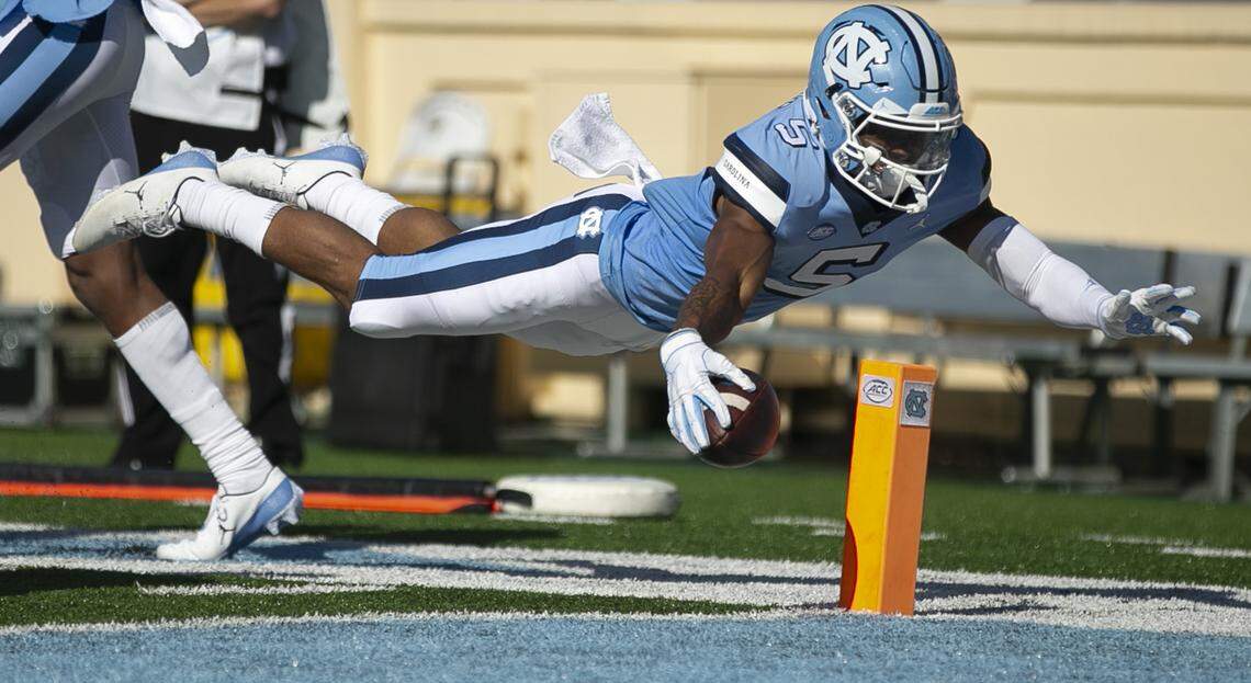 North Carolina’s Dazz Newsome (5) tries to dive into the end zone but was ruled out of bounds in the first quarter against Wake Forest at Kenan Stadium on Saturday, November 14, 2020 in Chapel Hill, N.C.