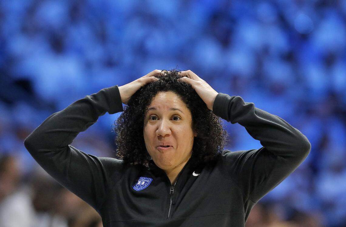 Duke head coach Kara Lawson reacts on the sidelines during the second half of the Blue Devils’ 74-69 loss to North Carolina on Sunday, March 1, 2026, at Carmichael Arena in Chapel Hill, N.C. 