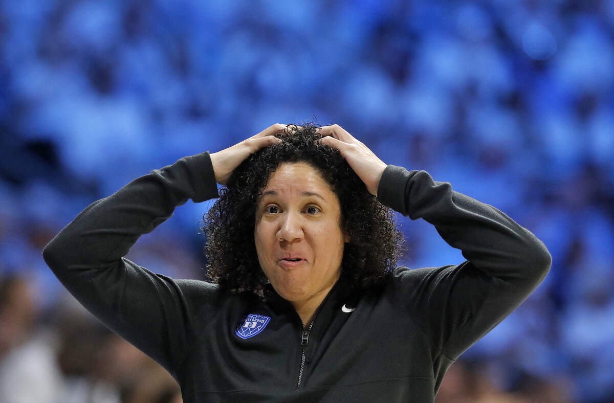 Duke head coach Kara Lawson reacts on the sidelines during the second half of the Blue Devils’ 74-69 loss to North Carolina on Sunday, March 1, 2026, at Carmichael Arena in Chapel Hill, N.C.