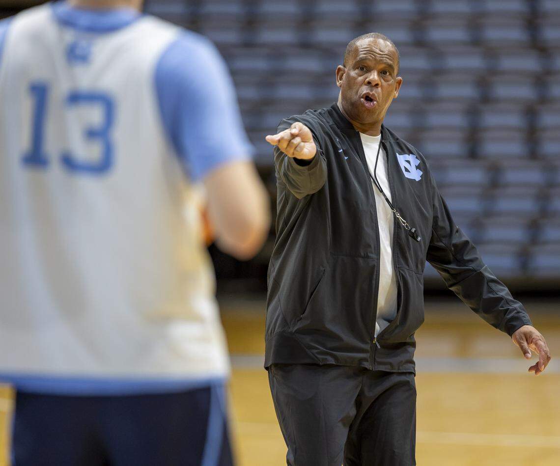 North Carolina coach Hubert Davis works with his team during practice on Thursday, October 9. 2025 at the Smith Center in Chapel Hill, N.C.