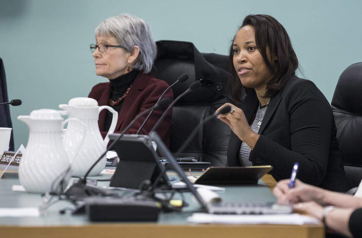 Durham City Council member DeDreana Freeman speaks on a controversial piece of the recommendation from the City-County Committee on Confederate Monuments and Memorials on Tuesday, Jan. 8, 2019, which involves a potential relocation of a monument base to Beechwood Cemetery.
