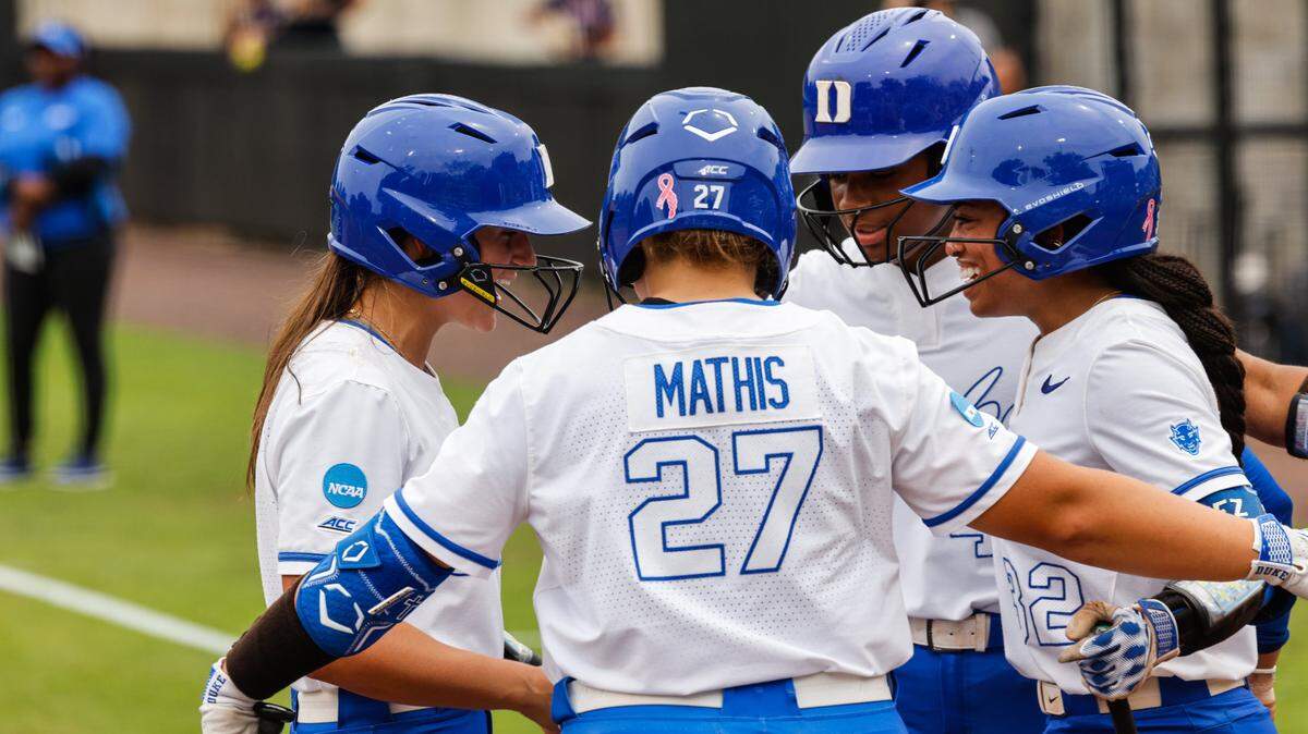 Duke softball players celebrate a home run during their opening-round NCAA regional game against Howard in Durham, North Carolina, on Thursday. Friday, Duke fell to Georgia, but rallied to beat Coastal Carolina with an offensive explosion to reach the regional final, and a rematch with the Bulldogs.