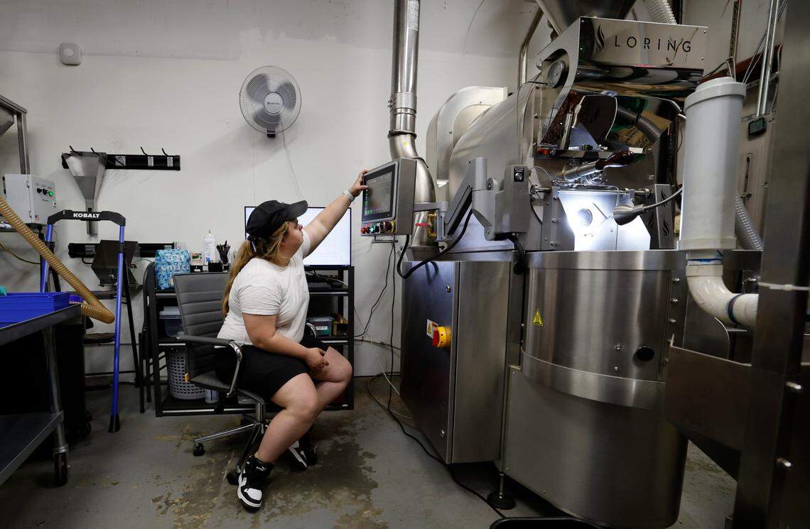 Sophie Pacyna runs the Loring roaster at the 321 Coffee roasting facility in Raleigh, N.C., Tuesday, June 25, 2024.