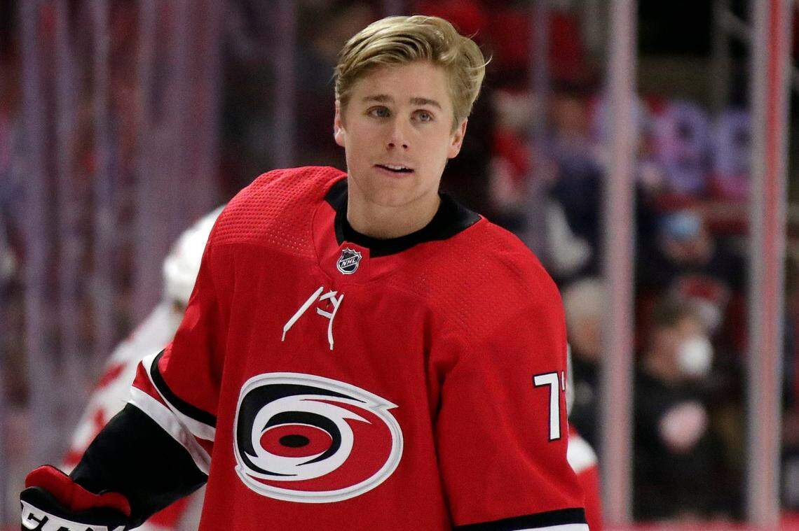 Carolina Hurricanes center Jack Drury skates during warmups before an NHL hockey game against the Detroit Red Wings, Thursday, Dec. 16, 2021, in Raleigh, N.C. (AP Photo/Chris Seward)