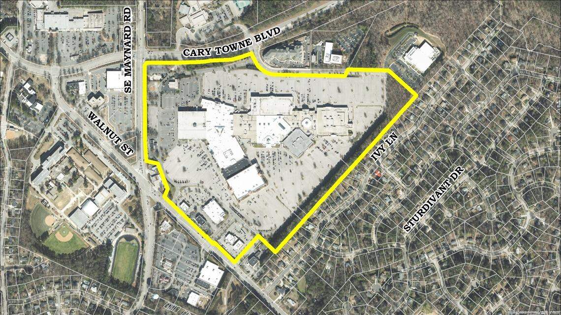 The redevelopment of Cary Towne Center will replace the mall property with a mixed-use project laid out in a grid pattern with internal streets.