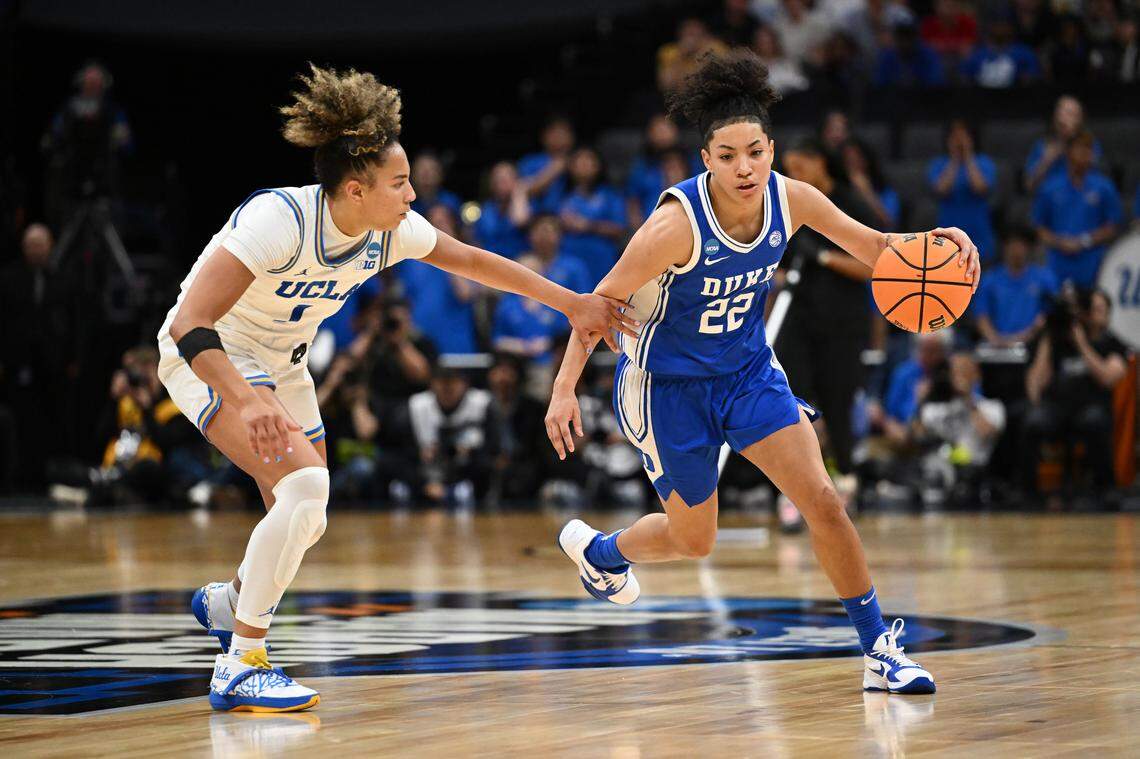 Duke’s Taina Mair (22) brings the ball up the court against UCLA’s Kiki Rice during the fourth quarter of their Elite Eight game at the 2026 NCAA Women's Basketball Tournament at Golden 1 Center on March 29, 2026 in Sacramento, California.