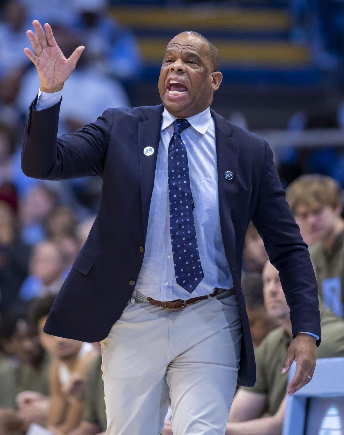 North Carolina coach Hubert Davis directs his team on offense in the first half against Radford on Tuesday, November 11, 2025 at the Smith Center in Chapel Hill, N.C.