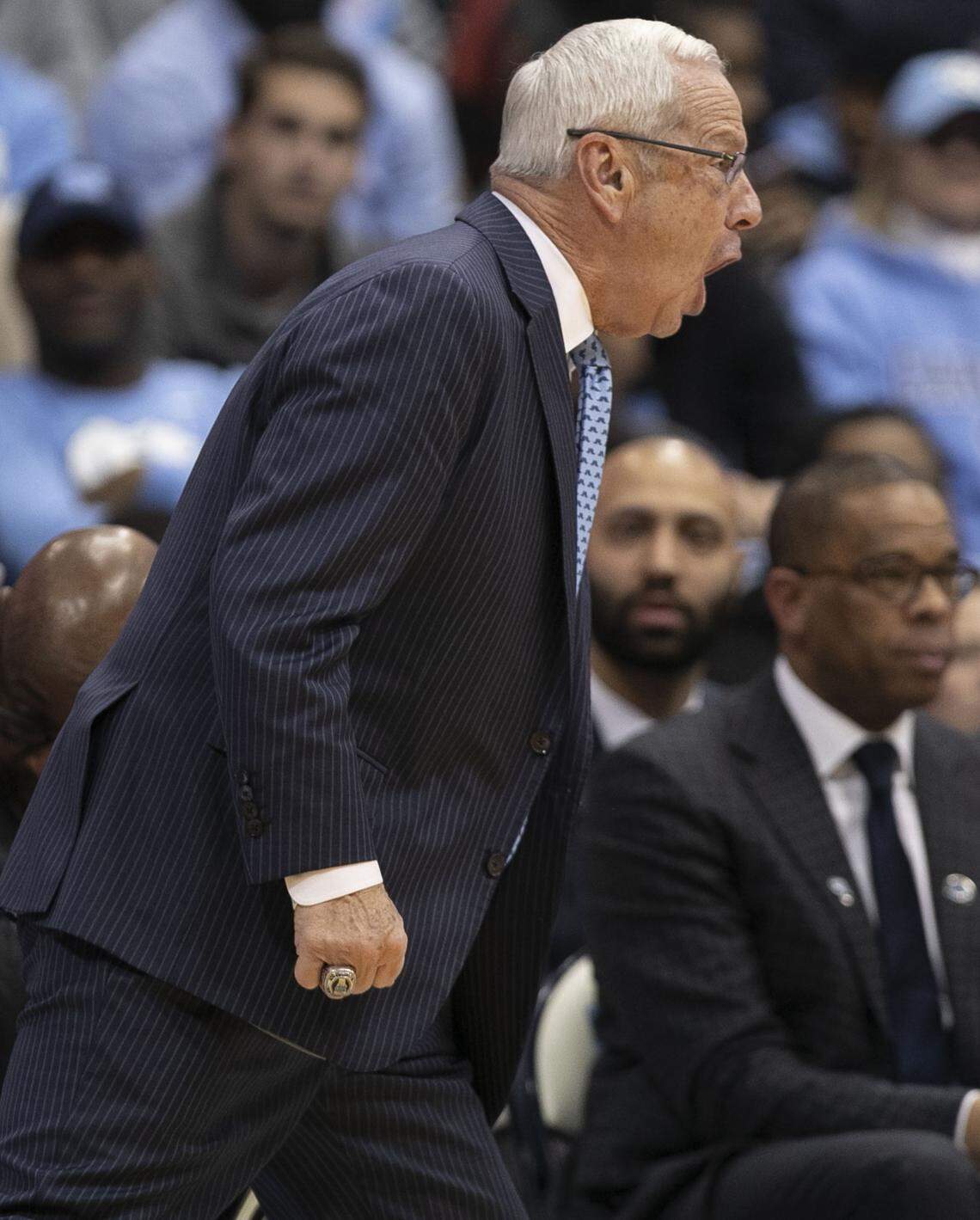 North Carolina coach Roy Williams yells at his players on defense in the second half against Virginia Tech on Monday, January 21, 2019 at the Smith Center in Chapel Hill, N.C.