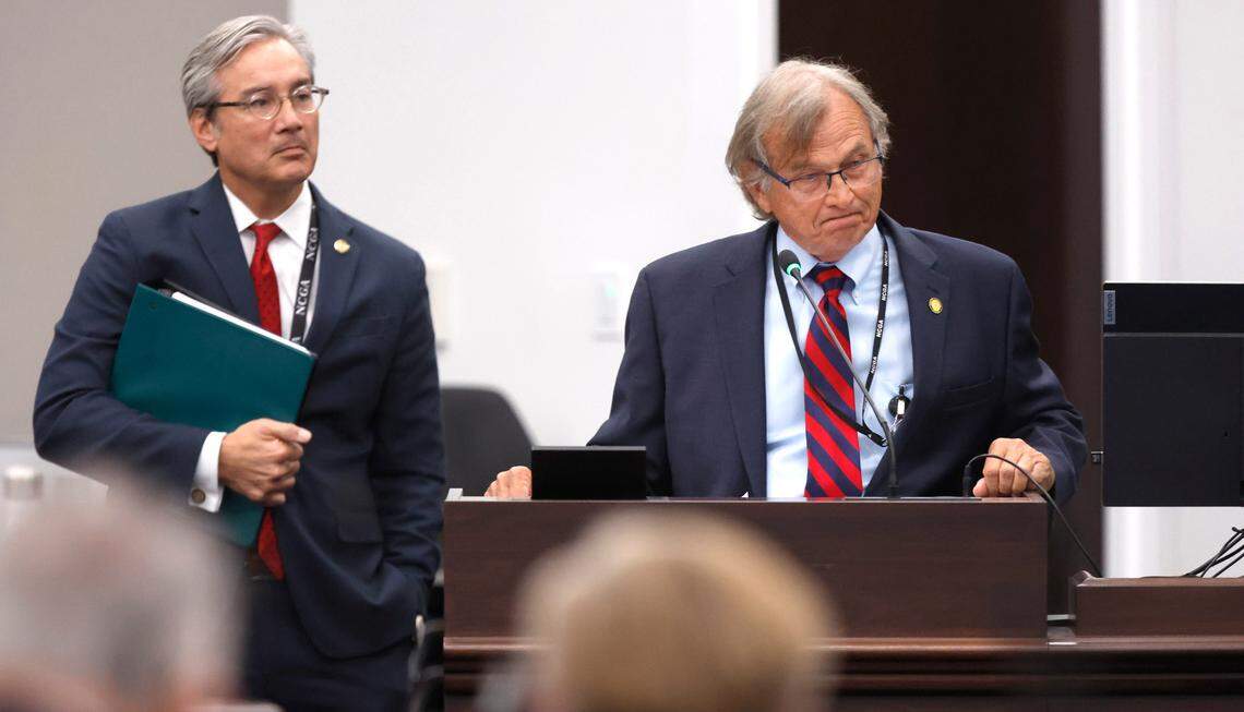 N.C. Sen. Bill Rabon shares his experience using marijuana illegally while undergoing chemotherapy to treat his cancer as Senate Bill 3, the NC Compassionate Care Act, is discussed during a House health committee meeting in Raleigh, N.C., Tuesday, May 30, 2023. Sen. Michael Lee stands to the left.