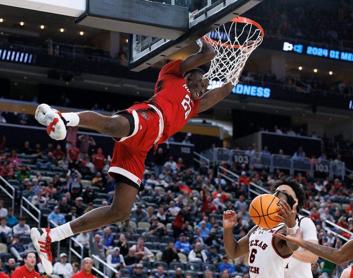 N.C. State’s Mohamed Diarra slams in two during the second half of the Wolfpack’s 80-67 win over Texas Tech in first round of the NCAA Tournament on Thursday, March 21, 2024, at PPG Paints Arena in Pittsburgh, Pa.
