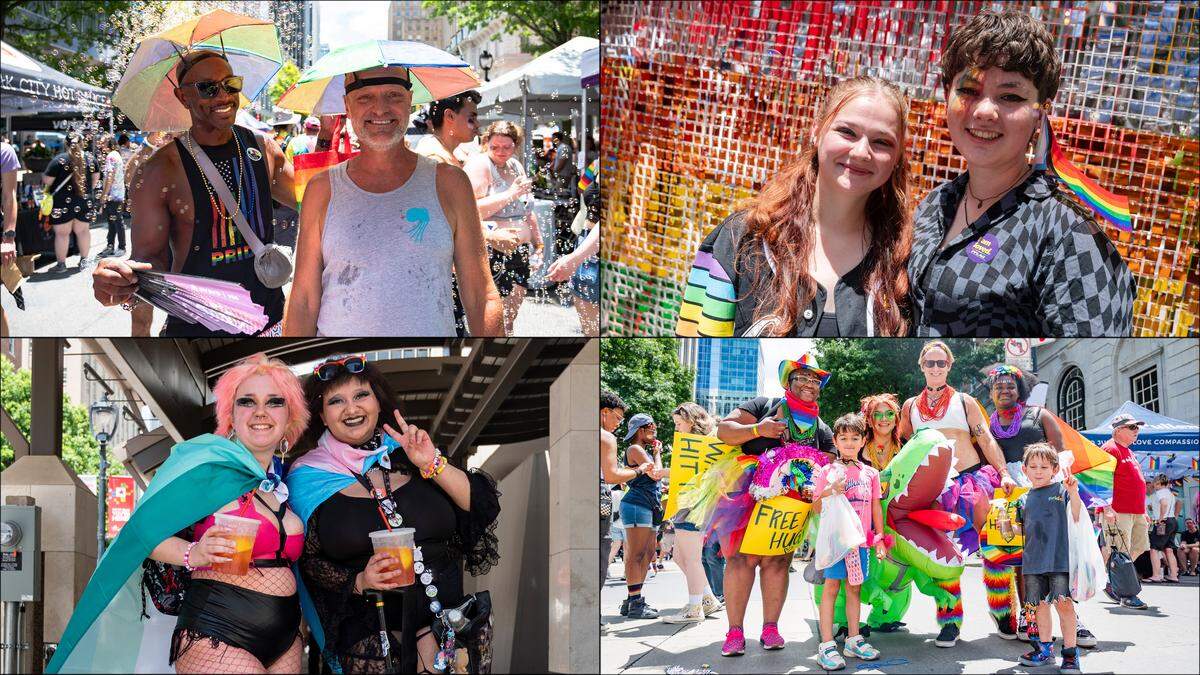 Charles McCombs and Scott Melcher (top left), Carmen Miller and Ella Sap (top right), Angie Valentin and Royal Evans (bottom left) and the Harstfield-Thorne and Goodnight families pose for portraits at Pride on Saturday, June 22, 2024.