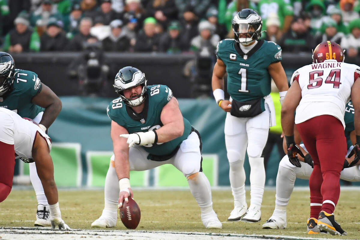 Philadelphia Eagles guard Landon Dickerson (69) against the Washington Commanders in the NFC Championship game at Lincoln Financial Field.