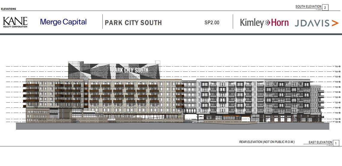 Schematic drawing of the first building of the Park City South development by Merge Capital and Kane Realty near Dorothea Dix Park in Raleigh.