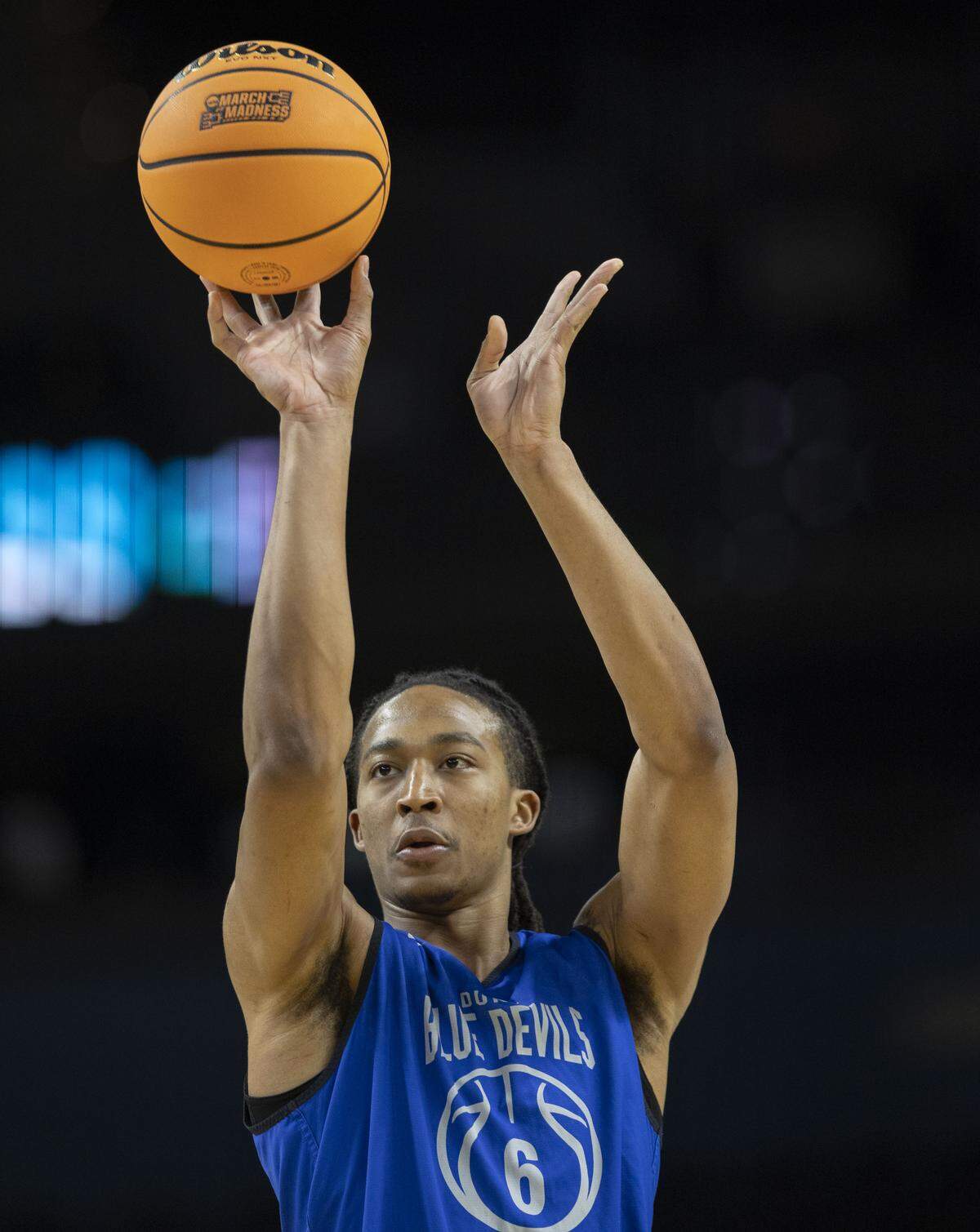 Duke forward Maliq Brown (6) works on his free throws during the Blue Devils’ practice ahead of their NCAA opening round game against Siena on Wednesday, March 18, 2026, at Bon Secours Arena on Greenville, S.C. 