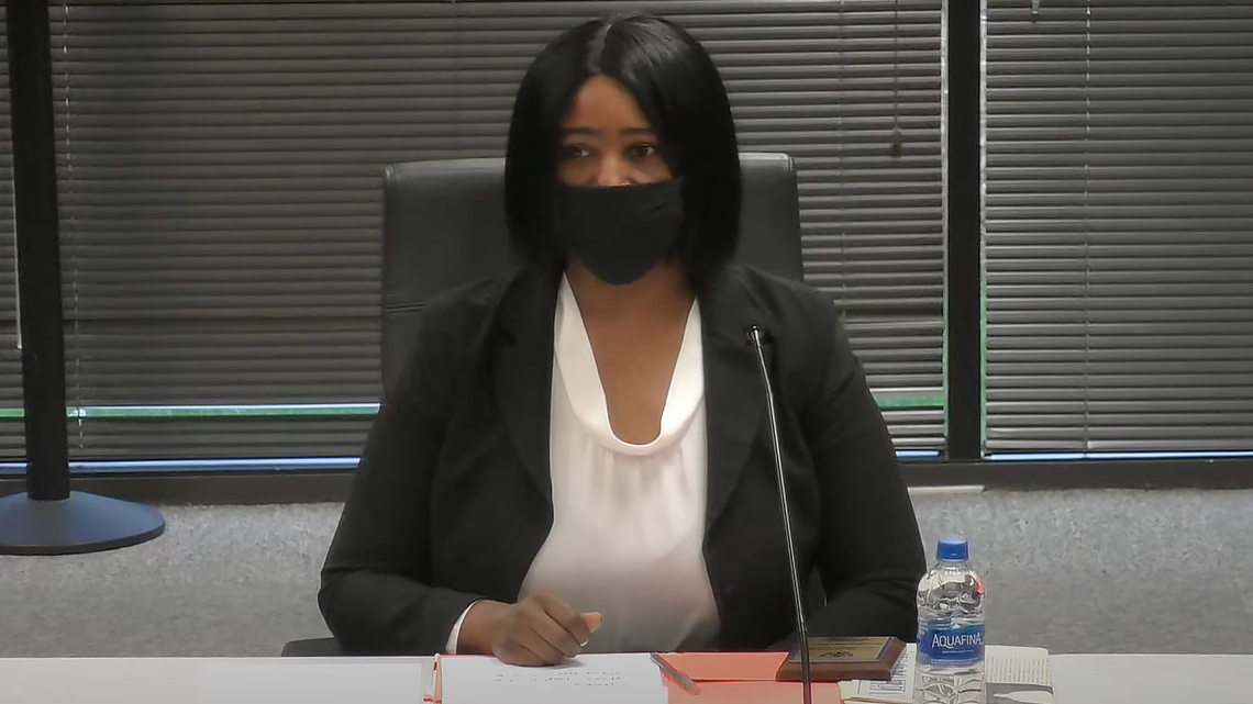 Tara Waters speaks at a Wake County school board meeting on March 3, 2022. The board voted for Waters to be their newest member.