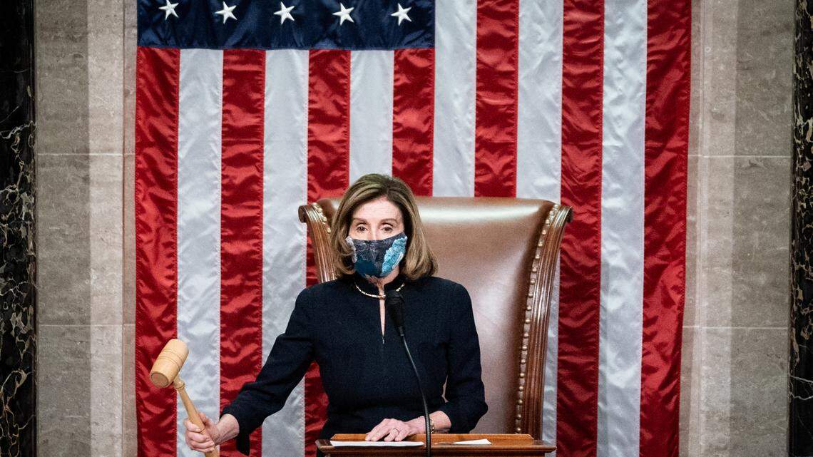Speaker of the House Nancy Pelosi (D-Calif.) oversees the vote to impeach President Donald Trump on the House floor for the second time, at the Capitol in Washington on Wednesday, Jan. 13, 2021. The House on Wednesday impeached President Trump for inciting a violent insurrection against the United States government, as 10 members of the president’s party joined Democrats to charge him with high crimes and misdemeanors for an unprecedented second time.