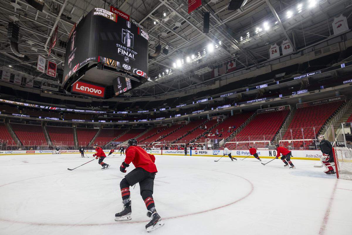 The Carolina Hurricanes skate on Monday, June 1, 2026, as they prepare for the opening game of the Stanley Cup Finals against Las Vegas, at Lenovo Center in Raleigh, N.C.  