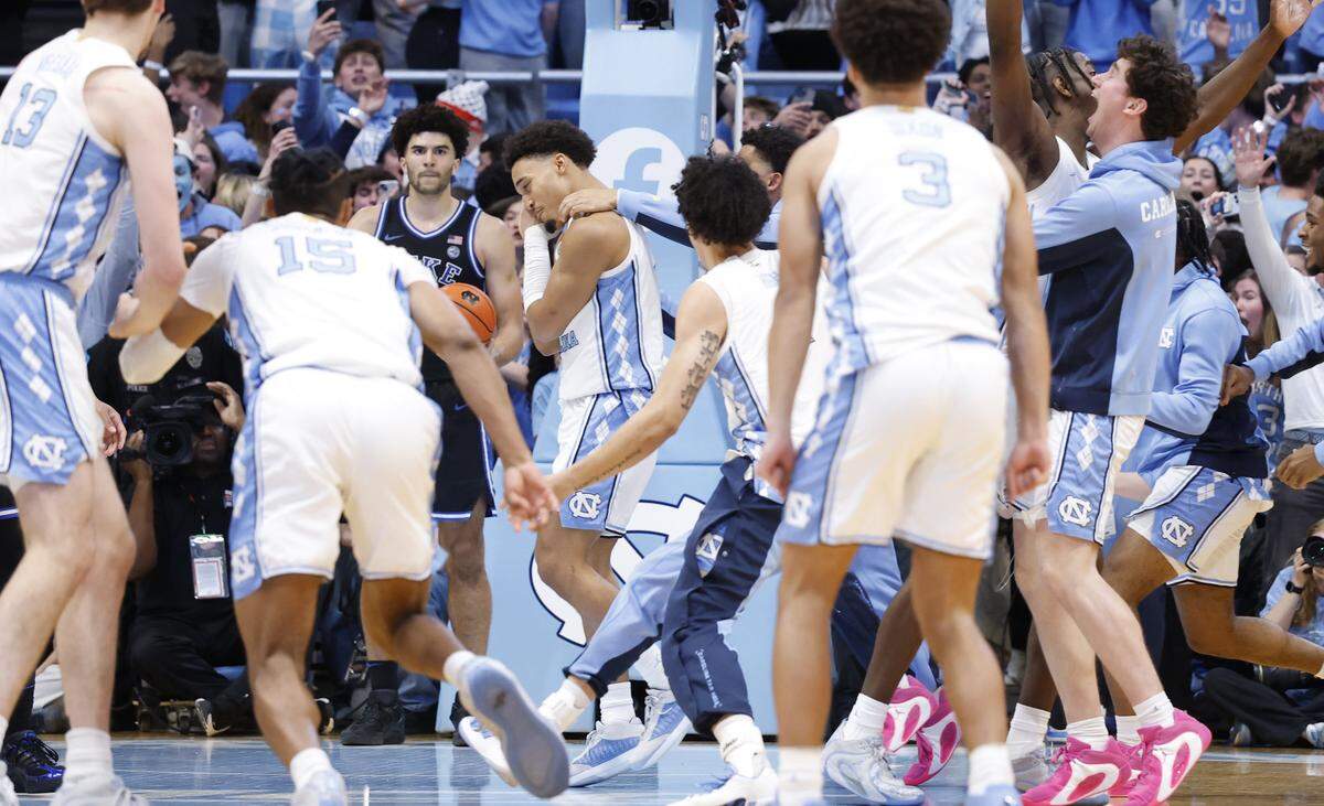 North Carolina's Seth Trimble (7) celebrates after making the game winning basket in UNC’s 71-68 victory over Duke at the Dean E. Smith Center in Chapel Hill, N.C., Saturday, Feb. 7, 2026.