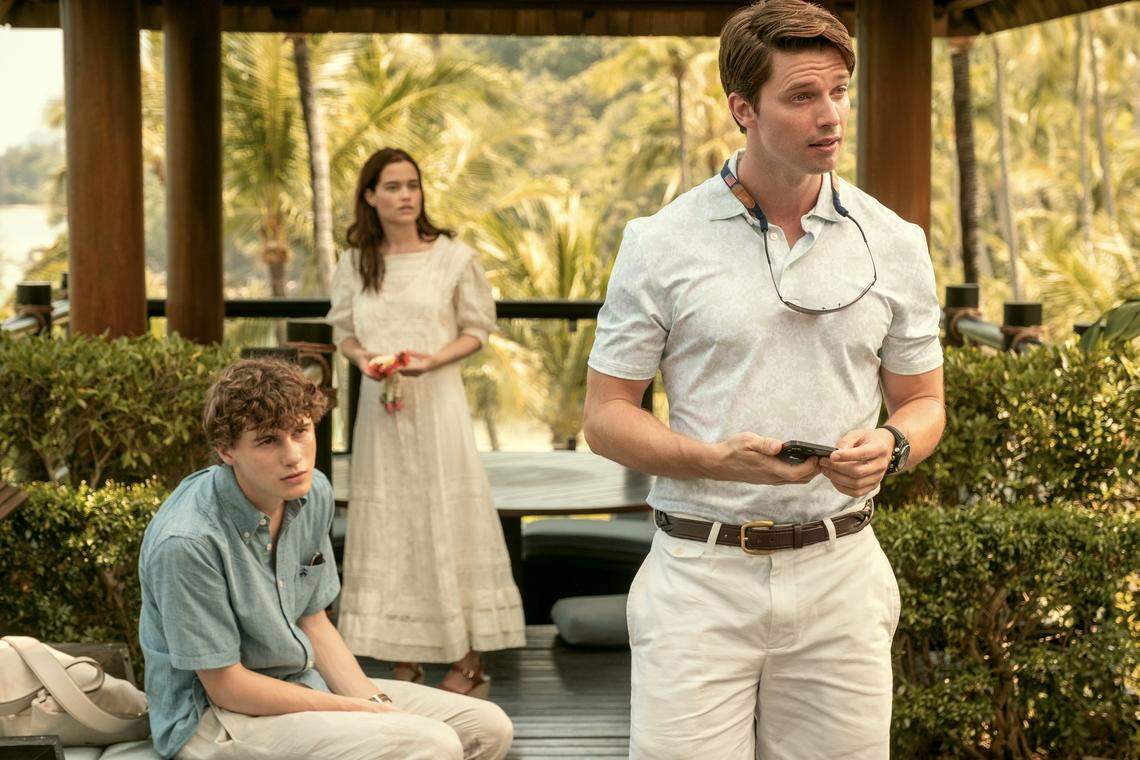 Patrick Schwarzenegger, Sarah Catherine Hook and Sam Nivola in season 3 of “The White Lotus” on HBO.