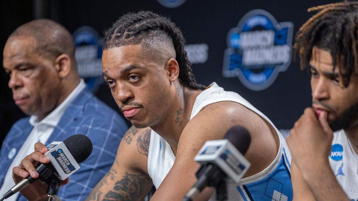 North Carolina coach Hubert Davis, Armando Bacot (5), R.J. Davis (4) and Cormac Ryan (3) takes questions during the media following their 89-87 loss to Alabama in the West Regional Sweet Sixteen on Thursday, March 28, 2024 at Crypto.com Arena in Los Angeles, CA. 