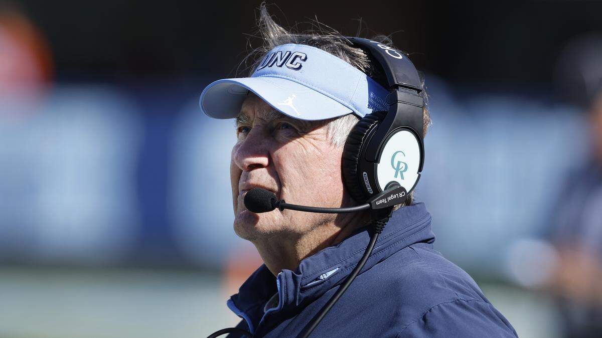 North Carolina head coach Bill Belichick looks up at the scoreboard during the second half of Clemson’s 38-10 victory over UNC at Kenan Stadium in Chapel Hill, N.C., Sat. Oct. 4, 2025.