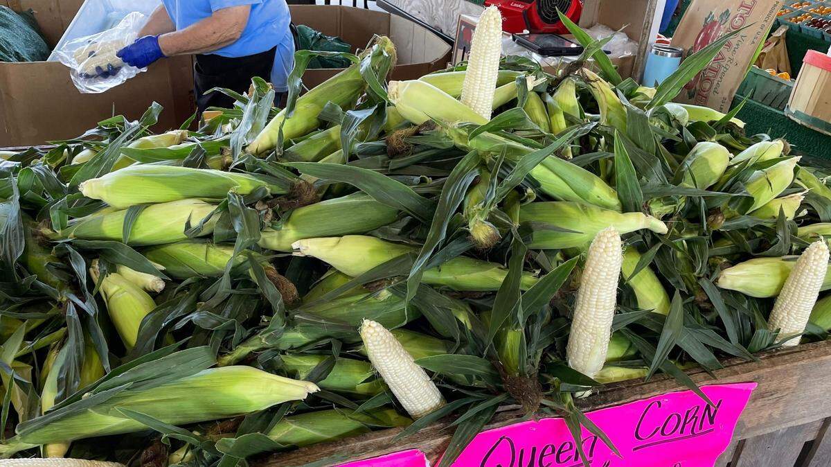Silver Queen corn from Penny’s Produce in Willow Spring, NC, for sale at the NC State Farmers Market on July 19, 2022.