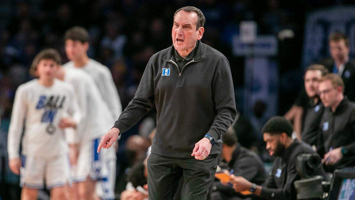 Duke coach Mike Krzyzewski directs his team on defense in the first half against Virginia Tech during the ACC Tournament Championship on Saturday, March 12, 2022 at Barclays Center in Brooklyn, N.Y.