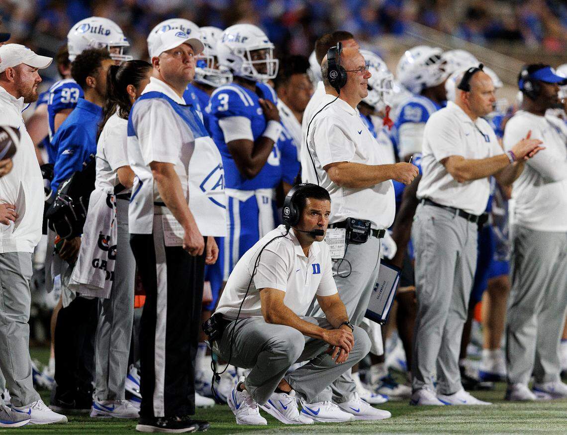 Duke head coach Manny Diaz watches from the sidelines during the second half of the Blue Devils’ 26-21 win over UConn on Saturday, Sept. 14, 2024, at Wallace Wade Stadium in Durham, N.C.