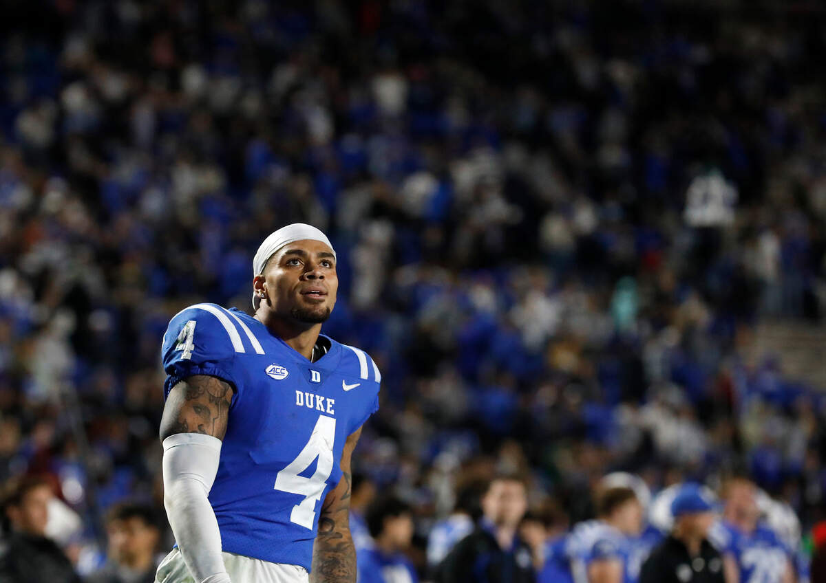 Duke’s Eli Pancol reacts following the Blue Devils’ 28-27 overtime loss to Southern Methodist University after a failed two-point conversion on Saturday, Oct. 26, 2024, at Wallace Wade Stadium in Durham, N.C.