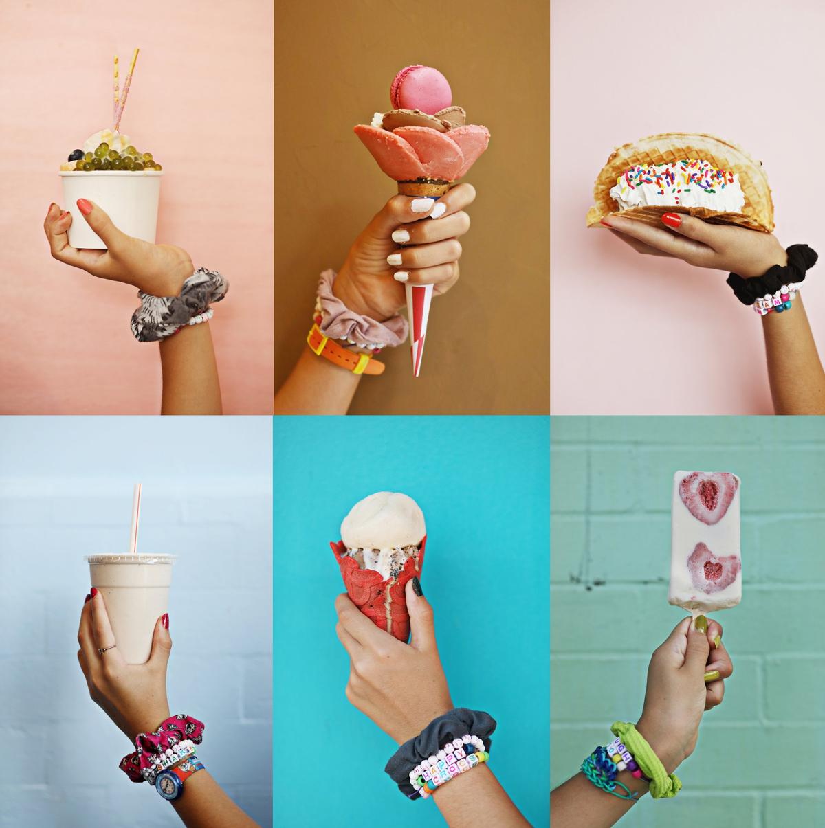 Top row from left, a Saw Dee rolled ice cream from Ice & Lab in Chapel Hill, a gelato rose from Amorino in Raleigh, a rolled ice cream taco from Vida Dulce in Cary. Bottom row from left, a malted milkshake from Blue Spoon Microcreamery in Chapel Hill, a cherry-flavor cone from Pints in Fuquay-Varina and a strawberry cream paleta from Pincho Loco in Durham.