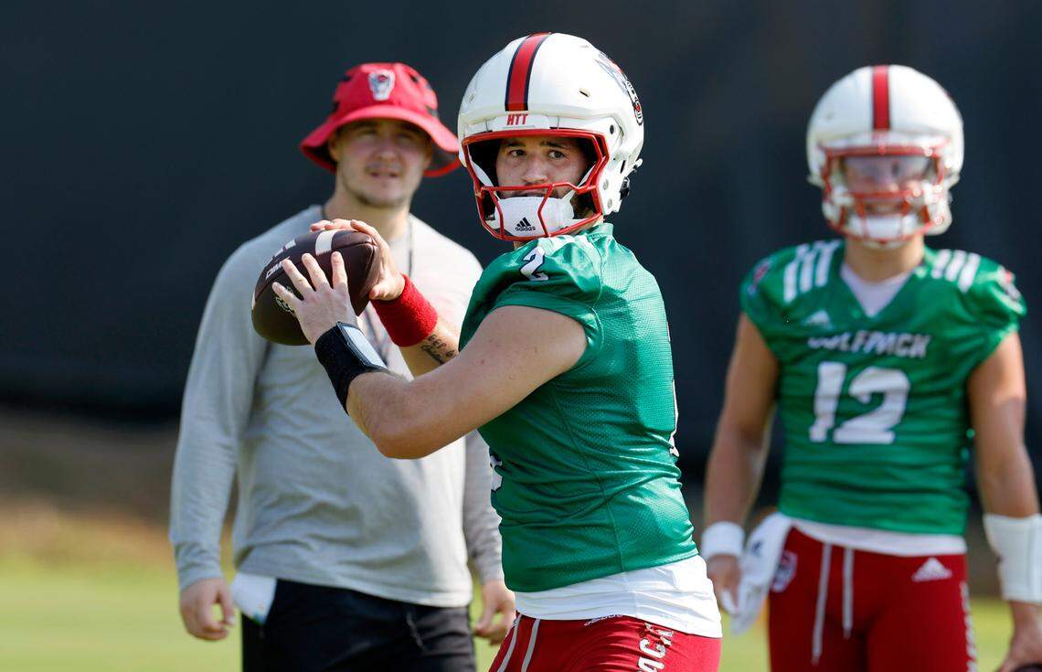 N.C. State quarterback Grayson McCall (2) prepares to throw during the Wolfpack’s first practice in Raleigh, N.C., Wednesday, July 31, 2024.