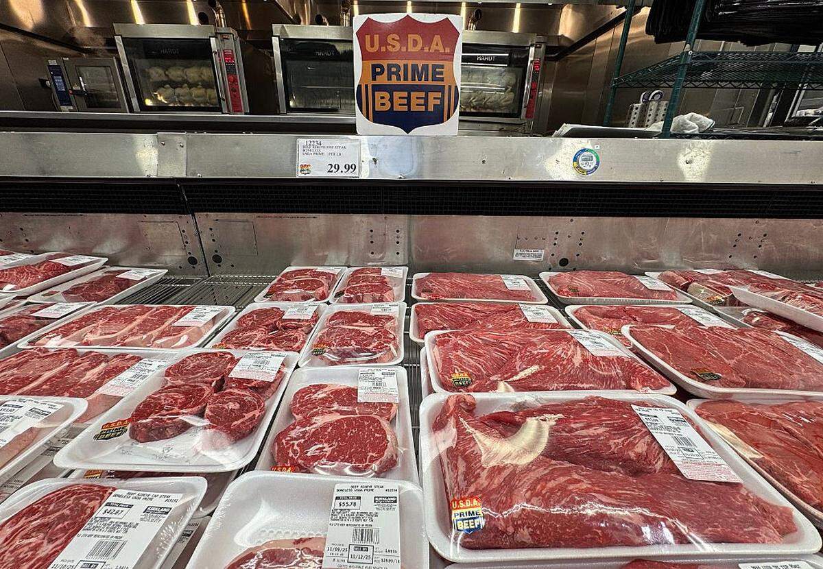 NOVATO, CALIFORNIA - NOVEMBER 11: USDA prime beef is displayed at a Costco store on November 11, 2025 in Novato, California. Federal regulators from the Food and Drug Administration, U.S. Department of Agriculture, and Centers for Disease Control and Prevention express concern as recent budget and staffing cuts threaten their ability to inspect food-processing facilities, trace outbreaks, and protect the food supply across America and around the globe. (Photo by Justin Sullivan/Getty Images)