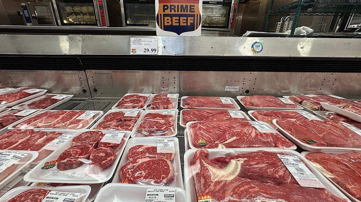 NOVATO, CALIFORNIA - NOVEMBER 11: USDA prime beef is displayed at a Costco store on November 11, 2025 in Novato, California. Federal regulators from the Food and Drug Administration, U.S. Department of Agriculture, and Centers for Disease Control and Prevention express concern as recent budget and staffing cuts threaten their ability to inspect food-processing facilities, trace outbreaks, and protect the food supply across America and around the globe. (Photo by Justin Sullivan/Getty Images)