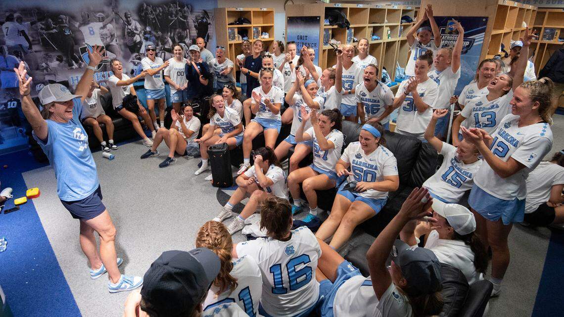 UNC women’s lacrosse head coach Jenny Levy, left, and the team celebrate after winning the NCAA National Championship title Sunday, May 29, 2022. North Carolina defeated Boston College at Homewood Field at John Hopkins University. It’s UNC’s third NCAA championship.