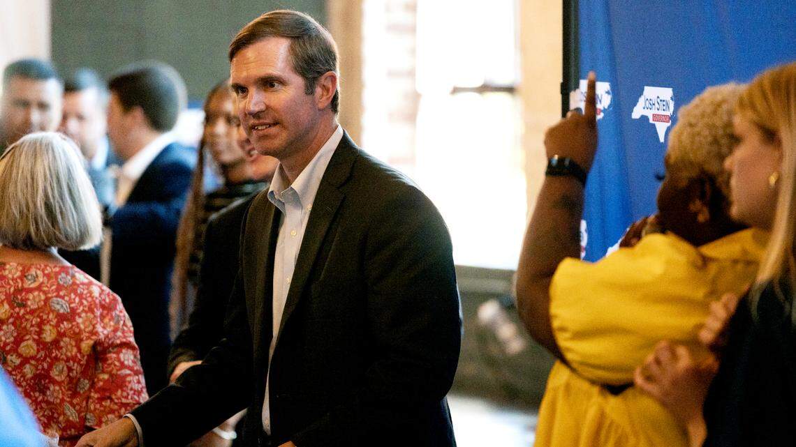 Andy Beshear, the governor Kentucky, campaigns for Attorney General Josh Stein, the Democratic candidate for governor in Pittsboro on Wednesday, Sept. 18, 2024.
