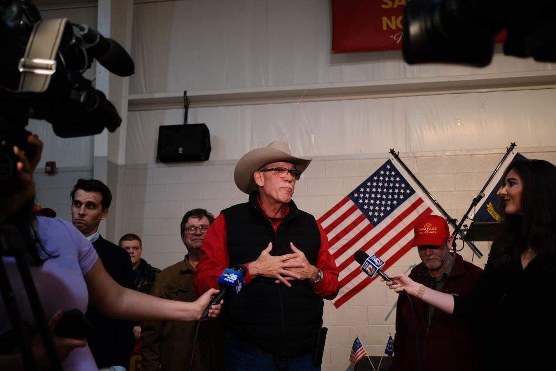 Rockingham County Sheriff Sam Page speaks to the media on primary election night, March 3, 2026, in Stokesdale, North Carolina.