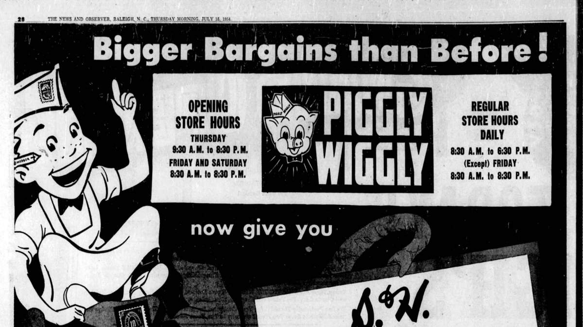 Raleigh opened its newest — and seventh — Piggly Wiggly market in Longview Gardens on what is now New Bern Avenue in 1954. The building still stands, though the pigs have long wiggled away.