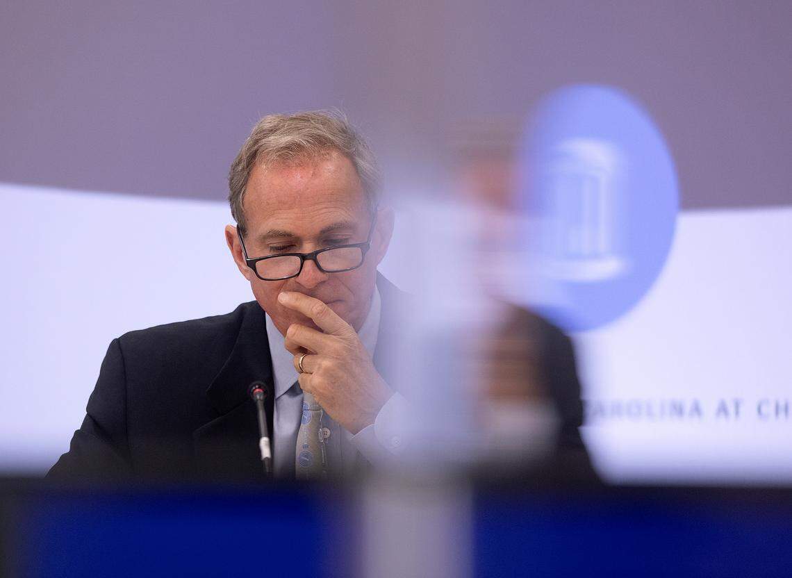 UNC Board of Trustees Chair John Preyer listens during a meeting in Chapel Hill, N.C. on Thursday, May 16, 2024.