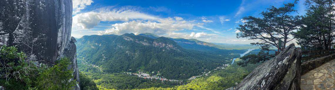 A view of Devil’s Head, Hickory Nut Gorge and Lake Lure from Chimney Rock State Park.